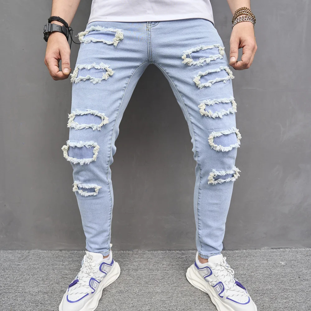 Men s Jeans Men Streetwear Stylish Ripped Patch Slim Pencil Trousers Male Casual Stretch Denim Pants 231113