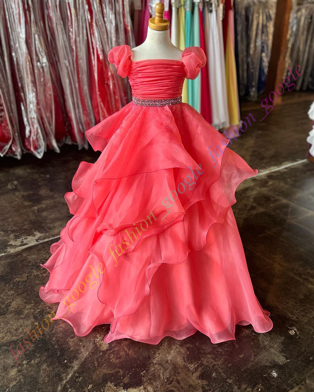 Long Ruffle Little Girl Pageant Dress Cap Sleeves Off-Shoulder Beads Coral Baby Kid Fun Fashion Runway Drama Birthday Formal Cocktail Party Gown Toddl
