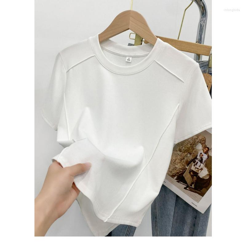 Womens t Shirts Solid Color Round Neck Short Sleeve Slim T-shirt Women 2023 Summer Foreign Air Age Reduction Tops
