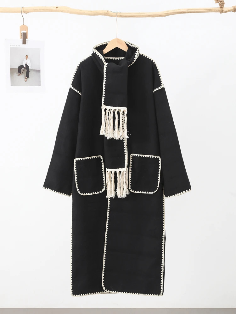 Women's Wool Blends Fashion Loose Wool Long Coat With Scarf Women Elegant Long Sleeve Thick Maxi Jacket Female Winter Warm Outwear Lady Jacket 23