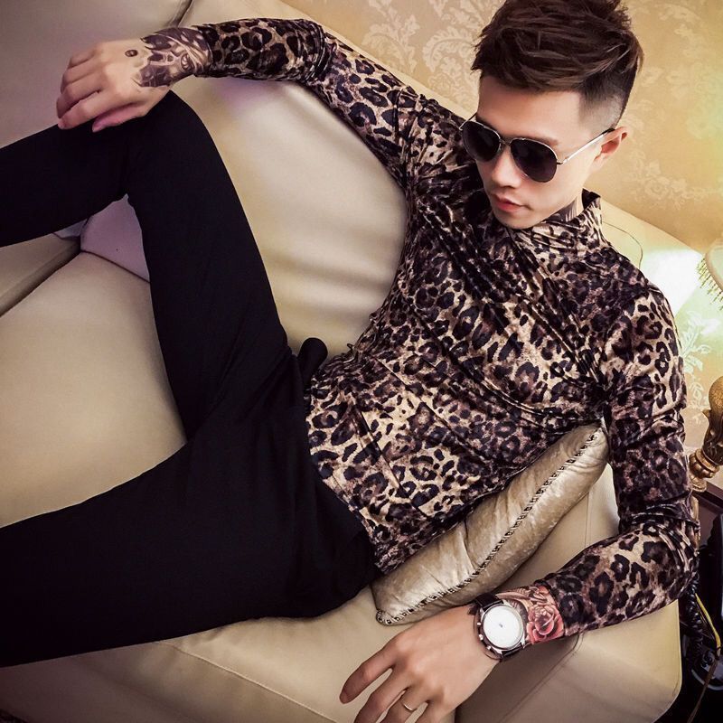 Men's T-Shirts Youth nightclub printed bottom shirt men's slim social guy half high collar T-shirt hairdresser leopard print middle collar t