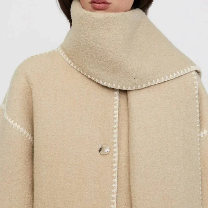 Women's Wool Blends Tassel Scarf Collar Faux Woolen Jacket Coats Woman Autumn Embroidery Single Breasted Pocket Coat Loose Casual Fashion Office 