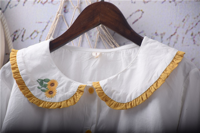 Women's Blouses Shirts Mori Girl Autumn Women Blouse Vintage Sunflower Embroidery Ruffled Peter Pan Collar Cotton Long Sleeve White Shirt Top 230