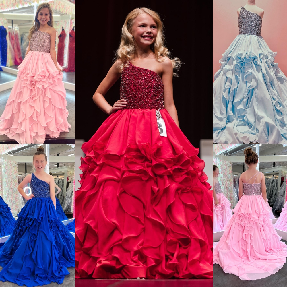 Blush-Pink Little Girl Pageant Dress One-Shoulder Beaded Ruffles Royal Baby Kid Fun Fashion Runway Drama Birthday Formal Cocktail Party Gown Toddler T