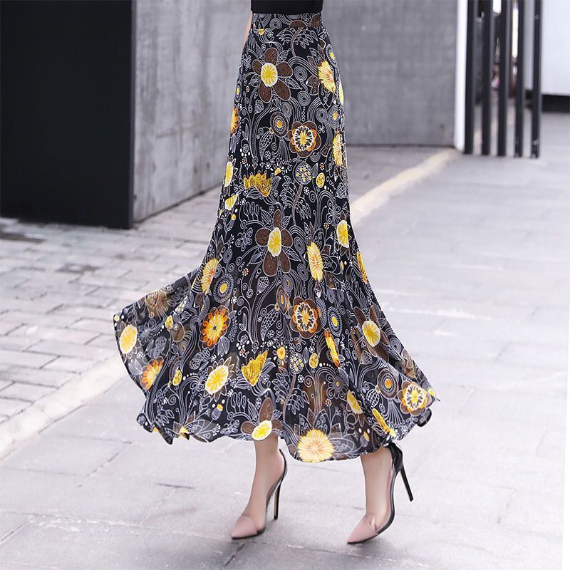 Skirts Female Skirt Spring Summer Printing Floral ity High Waist Ruffles Ankle-Length Vintage Office Lady Elegant Fashion 230414