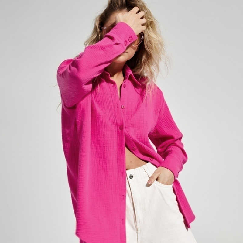 Bornladies 2023 Women's Spring Summer 100% Cotton Shirts Office Lady Fashionable Solid Lady Long Sleeve Loose Tops Crepe Shirts