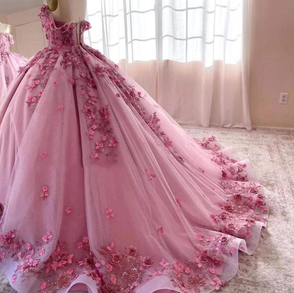 Hot Pink Quinceanera Dresses 3D Floral Appliques Beading Modern Off Shoulder Lace-up Corset Princess Prom Vestidos De 15 Anos
