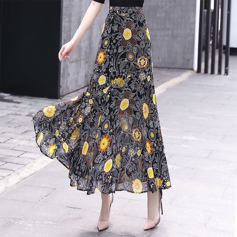 Skirts Female Skirt Spring Summer Printing Floral ity High Waist Ruffles Ankle-Length Vintage Office Lady Elegant Fashion 230414