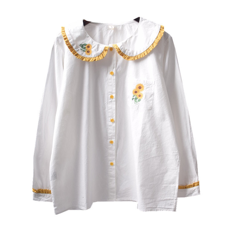 Women's Blouses Shirts Mori Girl Autumn Women Blouse Vintage Sunflower Embroidery Ruffled Peter Pan Collar Cotton Long Sleeve White Shirt Top 230