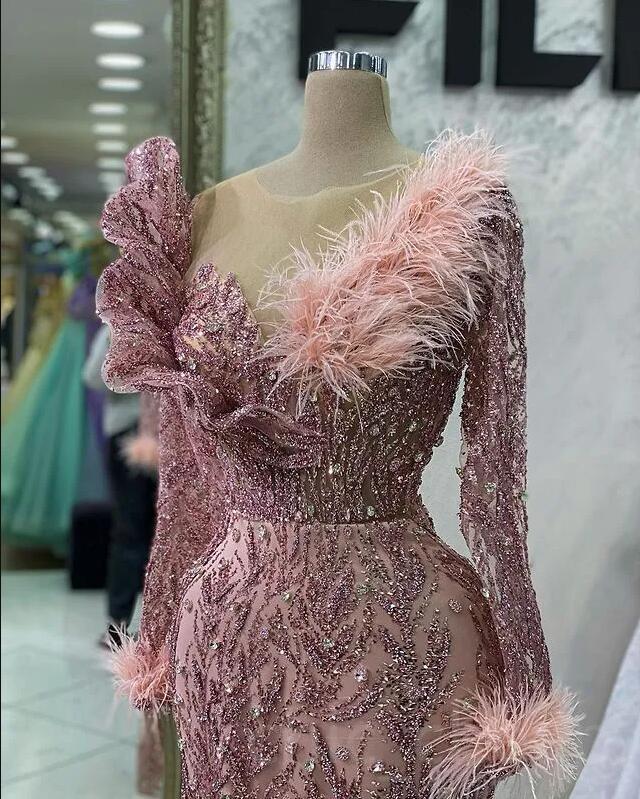 Rose Gold Long Sleeve Aso Ebi Prom Dresses Modern Gillter Beaded Feather Evening Occasion Gown robes de soirEes femmes