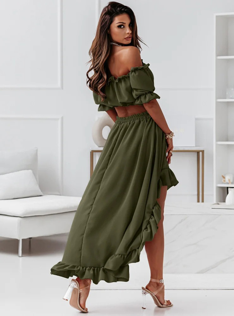 Women s Two Piece Pants Ruffles Summer Dress Set Off Shoulder Slash Neck Short Sleeve Crop Top Irregular Long Skirt 230414