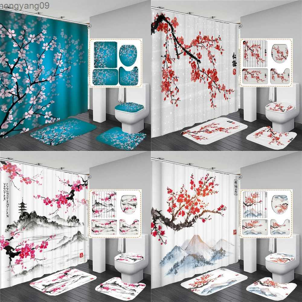 Shower Curtains Cherry Blossom Shower Curtain Set Rug Toilet Cover Bath Mat Spring Sakura Flower Pastoral Bathroom Curtain R231114