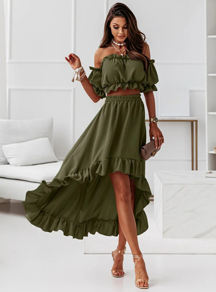 Women s Two Piece Pants Ruffles Summer Dress Set Off Shoulder Slash Neck Short Sleeve Crop Top Irregular Long Skirt 230414