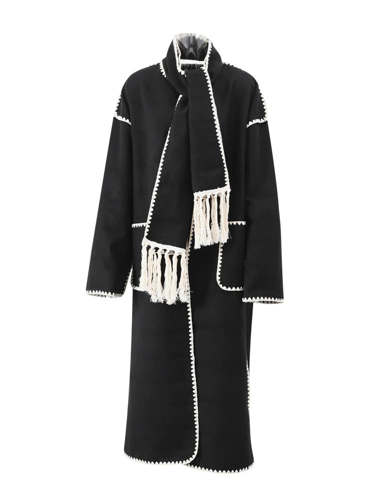 Women's Wool Blends Fashion Loose Wool Long Coat With Scarf Women Elegant Long Sleeve Thick Maxi Jacket Female Winter Warm Outwear Lady Jacket 23