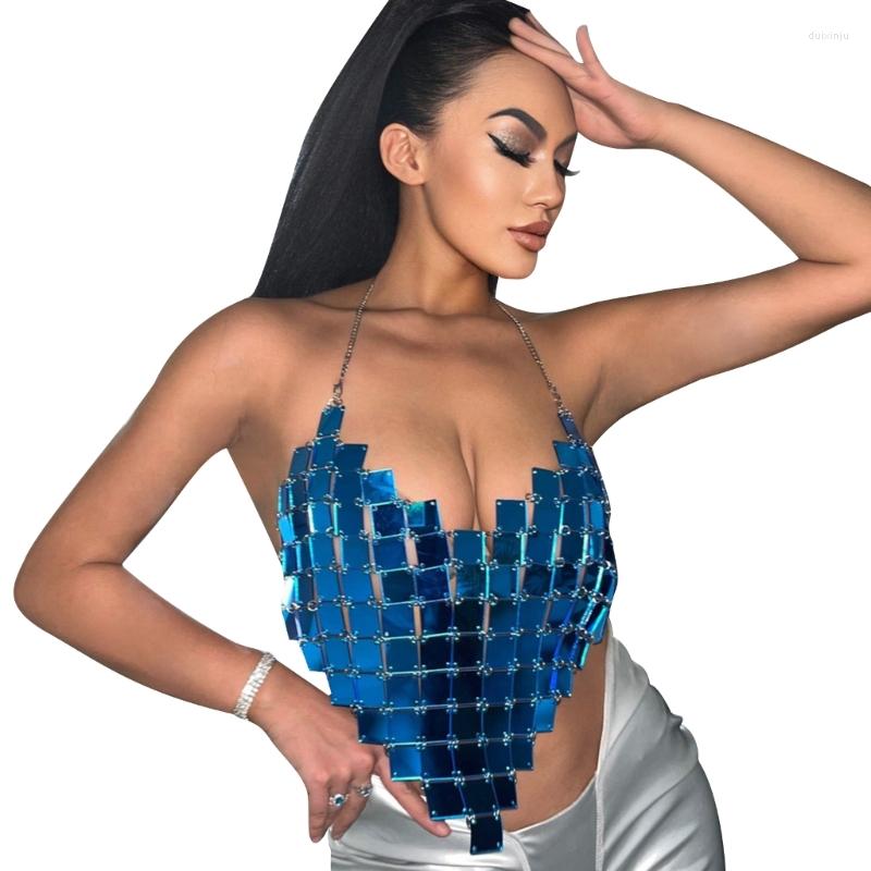 Camisoles & Tanks Crop Top Women Summer Glitter Evening V-neck Metal Tank-Top Club Ornament, Blue