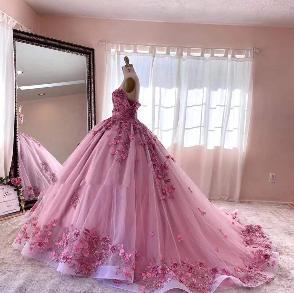 Hot Pink Quinceanera Dresses 3D Floral Appliques Beading Modern Off Shoulder Lace-up Corset Princess Prom Vestidos De 15 Anos