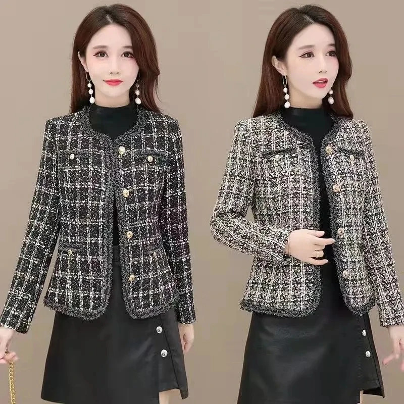 Womens Jackets Vintage Vneck Singlebreasted Plaid Women Spring Autumn Tweed Plus Size Outerwear Korean Fashion Casual Coat Streetwear 231113