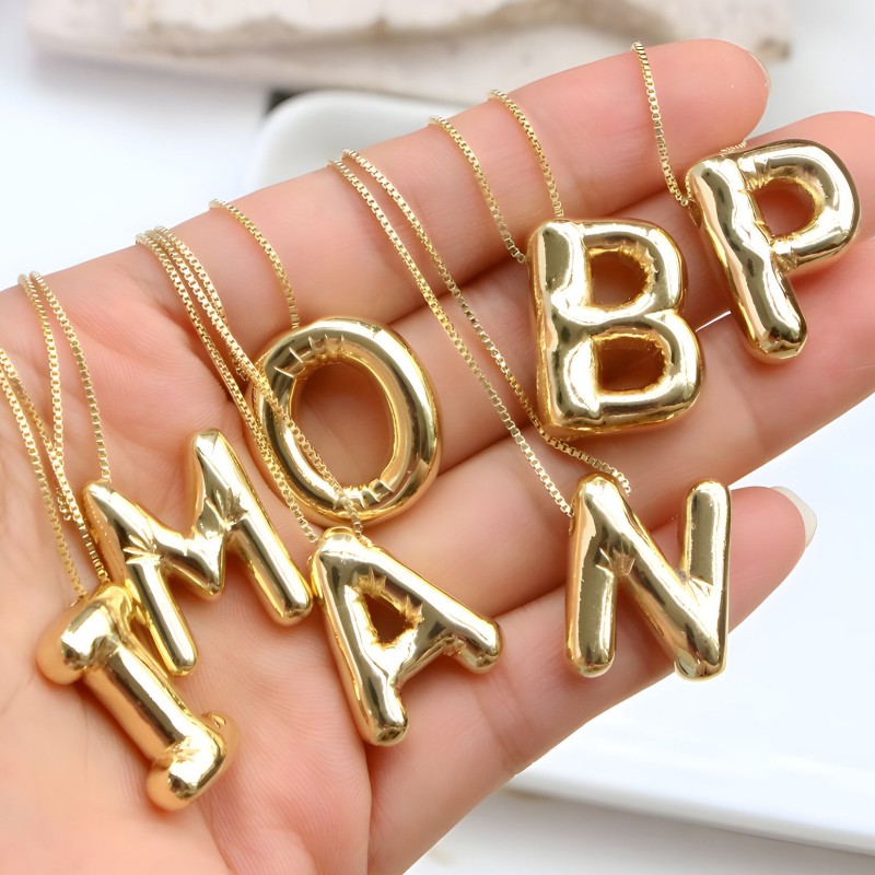 New Fashion Trendy Stainless Steel 18K Yellow Gold Plated A-Z Bubble Letter Pendant Necklace for Girls Women for Party Wedding Nice Gift