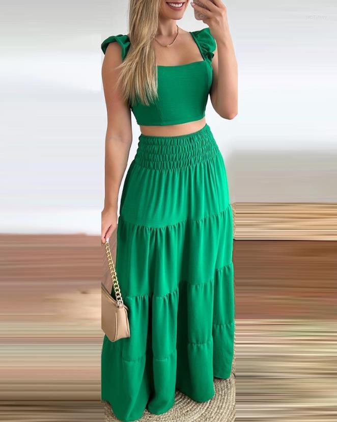 

Work Dresses Tow Piece Set For Women Outfit 2023 Summer Fashion Vacation Tied Detail Ruffle Hem Sexy Crop Top & Casual Shirred Maxi