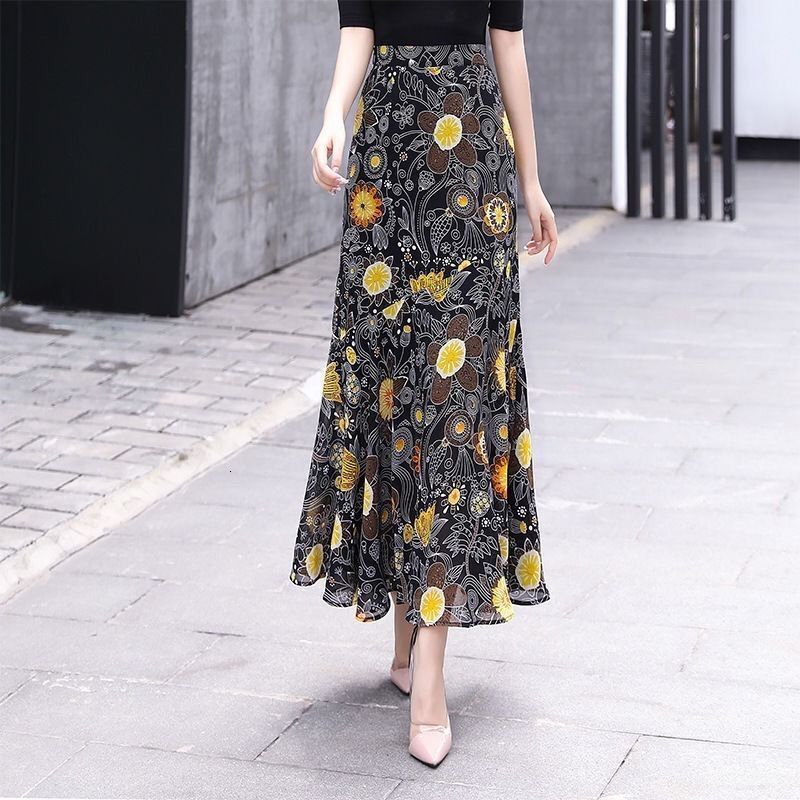 Skirts Female Skirt Spring Summer Printing Floral ity High Waist Ruffles Ankle-Length Vintage Office Lady Elegant Fashion 230414