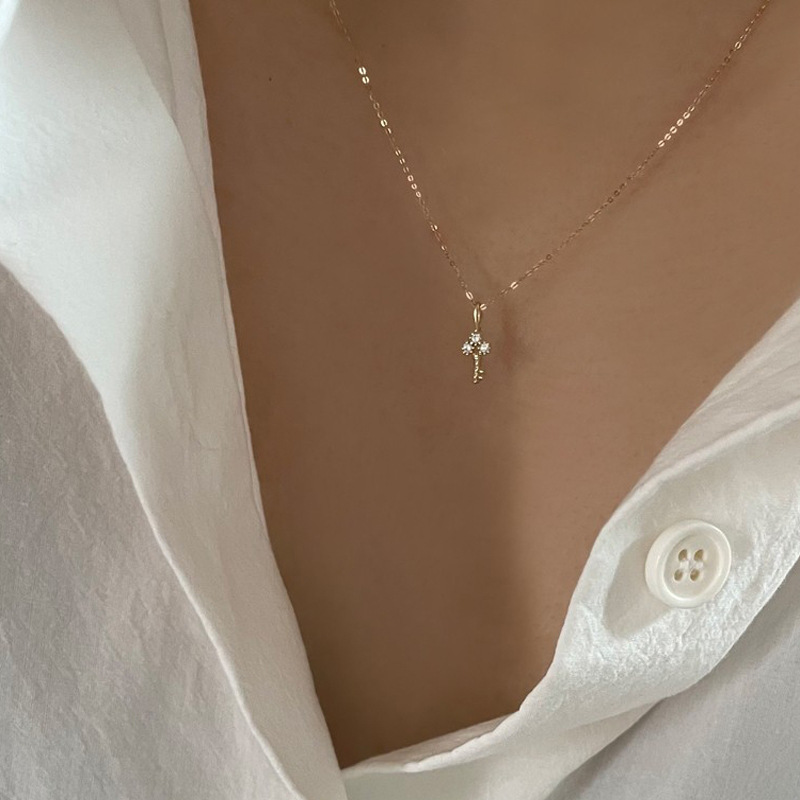 Delicate 925 Sterling Silver 14K Gold Key Pendant Necklace Light Luxury Mini Clavicle Chain Women Party