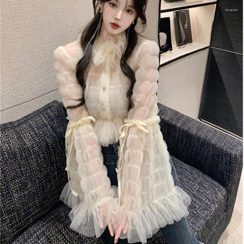 Women's Blouses Spring Fairy Lace Ruffles Shirt Long Trumpet Sleeve Chic Mesh Spliced Chiffon Pleated Up Tops Blusas Cardigan 2023, Creamy-white
Women's Blouses Spring Fairy Lace Ruffles Shirt Long Trumpet Sleeve Chic Mesh Spliced Chiffon Pleated Up Tops Blusas Cardigan 2023, Creamy-white