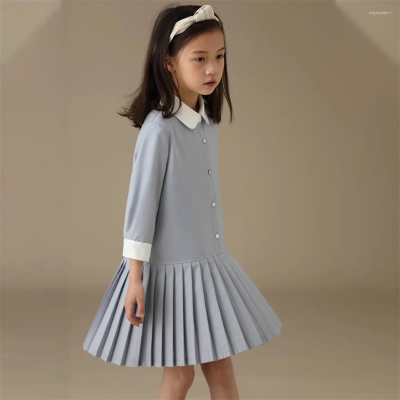 Girl Dresses Girls Mommy And Me Plain Dress School Style Lapel Long Sleeve Single-breasted Straight Pleated Skirt Casual A Line