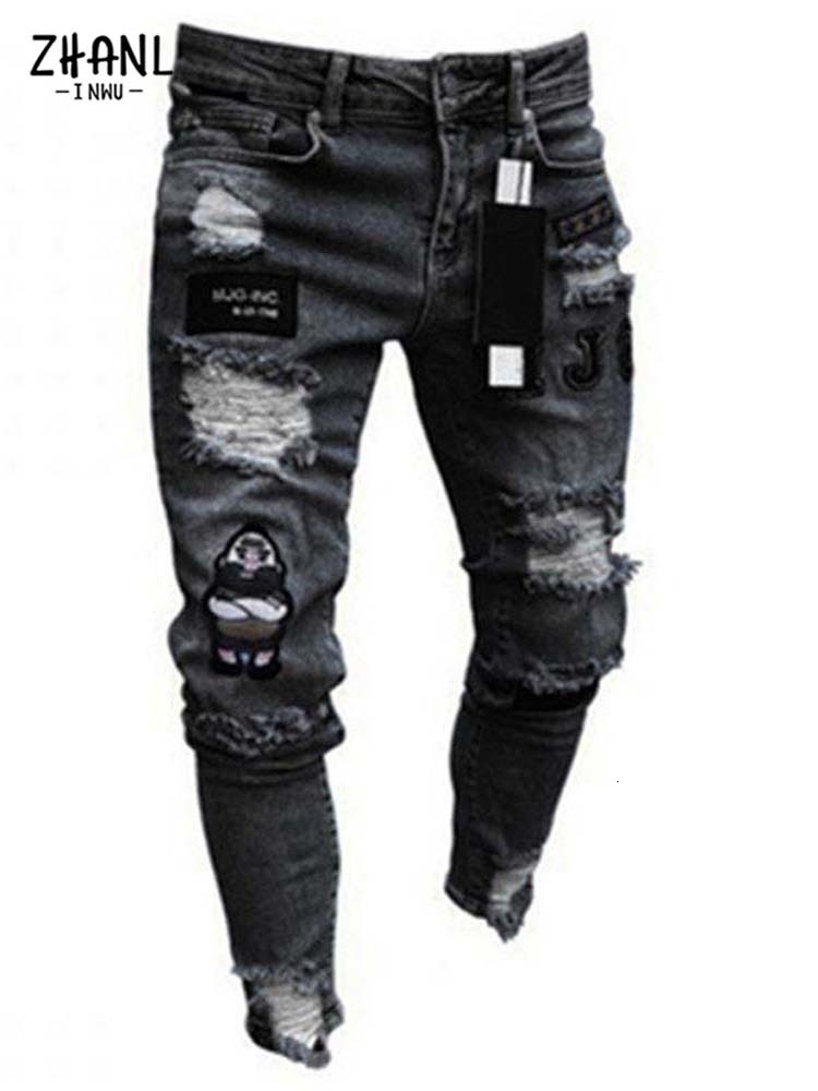Men's Pants Mens Stretchy Ripped Skinny Embroidered Jeans Men's White Pants Destroyed Hole Slim Fit Denim High Quality Hip Hop Men trousers 