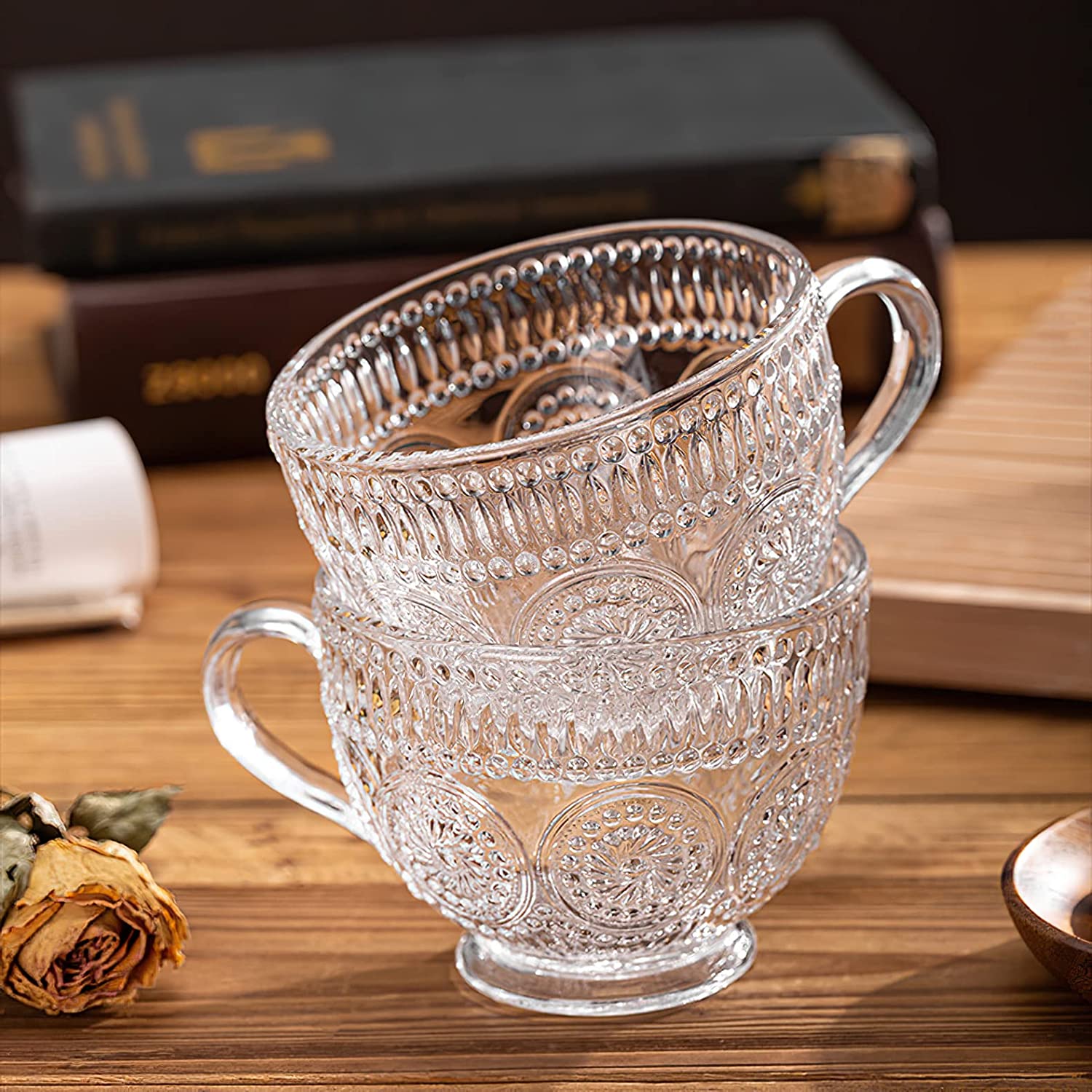 Vintage Embossed Coffee Tea Mug Glass Beer Cups Small Dessert Bowl Dessert Fruit Milk Juice Ice Cream Snacks Salad Cup
