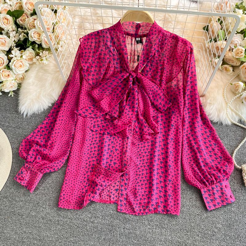 Women' Blouses Summer Printing Temperament Lotus Leaf Crop Top Women Single-breasted Bow Tie Tops Long Sleeve, Rose red
Women' Blouses Summer Printing Temperament Lotus Leaf Crop Top Women Single-breasted Bow Tie Tops Long Sleeve, Rose red