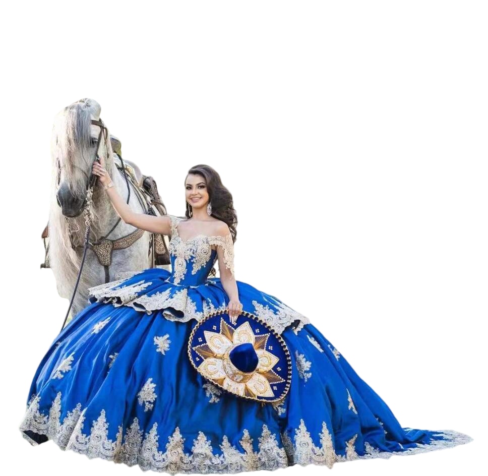 Mexican Royal Blue Quinceanera Dresses Off Shoulder Appliques Sweep Train lace-up corset prom Sweet 16 Girl Vestidos De 15 Anos