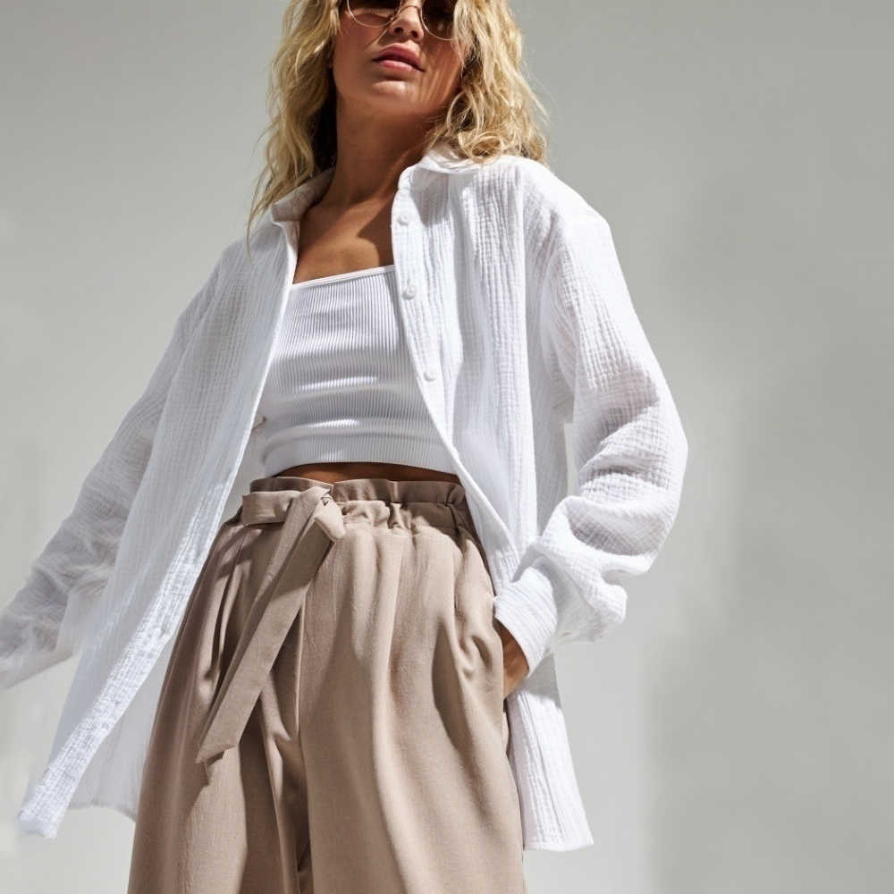 Bornladies 2023 Women's Spring Summer 100% Cotton Shirts Office Lady Fashionable Solid Lady Long Sleeve Loose Tops Crepe Shirts