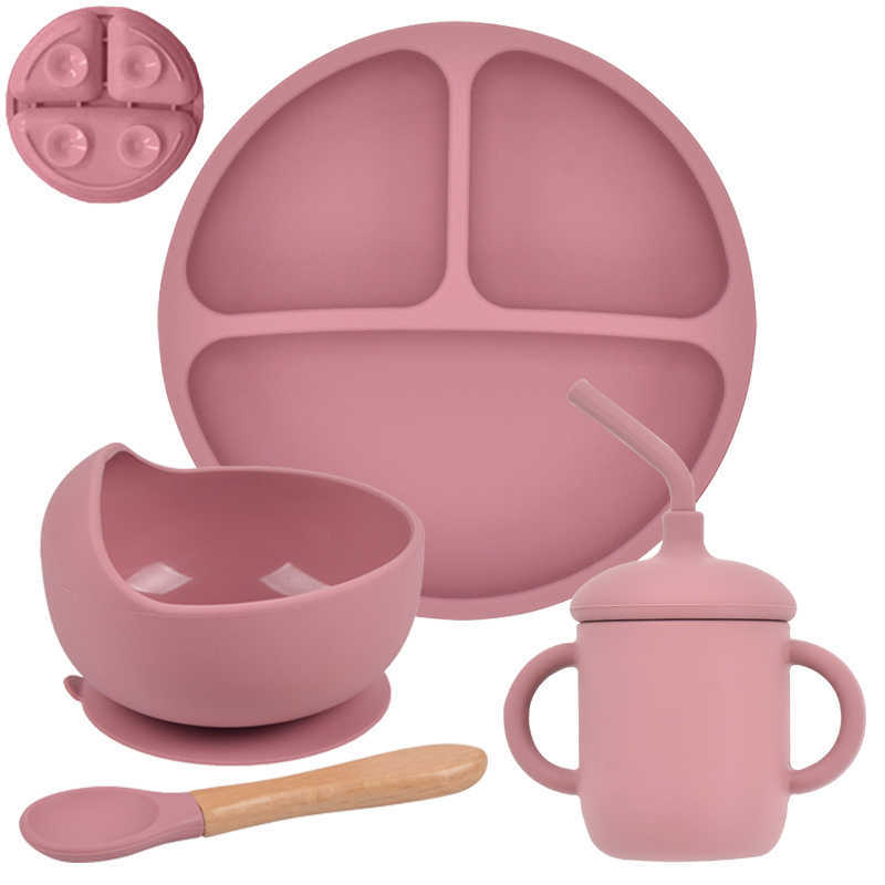 Cups Dishes Utensils 4/5/6PCS Baby Silicone Tableware Set Kid Feeding Bowl Plate With Sucker Waterproof Bibs Wood Fork SpoonNon-slip Dinnerware Set AA