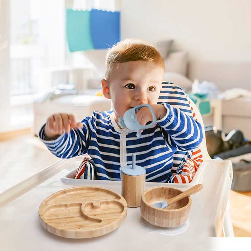 Cups Dishes Utensils 7pcs Bamboo Wood Dinner Plate Feeding Supplies Children's Tableware Suction Plate Bowl BPA Free Baby Stuff Newborn Accessori