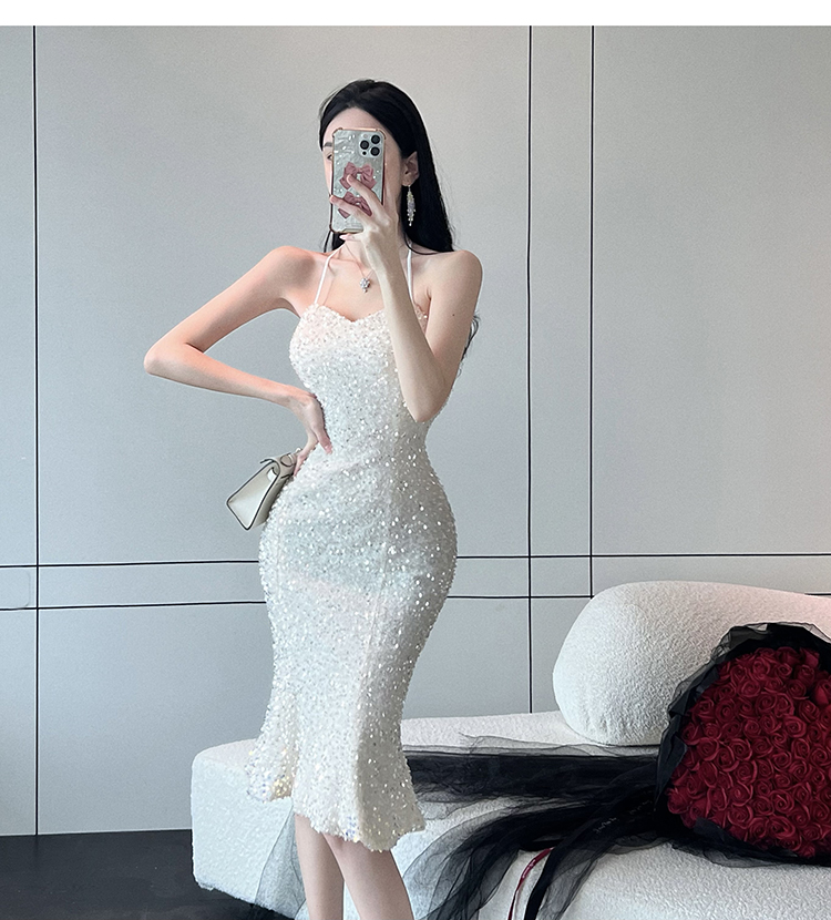 Womens party dresses halter neck sexy off shoulder tubr top strapless paillette shinny bling mermaid tunic vestidos SML