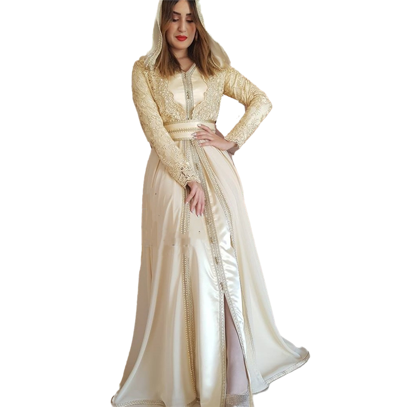Elegant Arabic Moroccan Kaftan Evening Formal Dresses With Hat Lace Appliques Long Sleeves Floor Length A-Line Modest Muslim Beige Prom Party Gowns