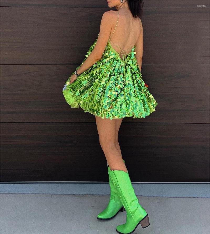 Casual Dresses Fashion Ladies Summer Short Suspender Dress Sleeveless Backless V-Neck Sexy Club Street Style M L, Dark green