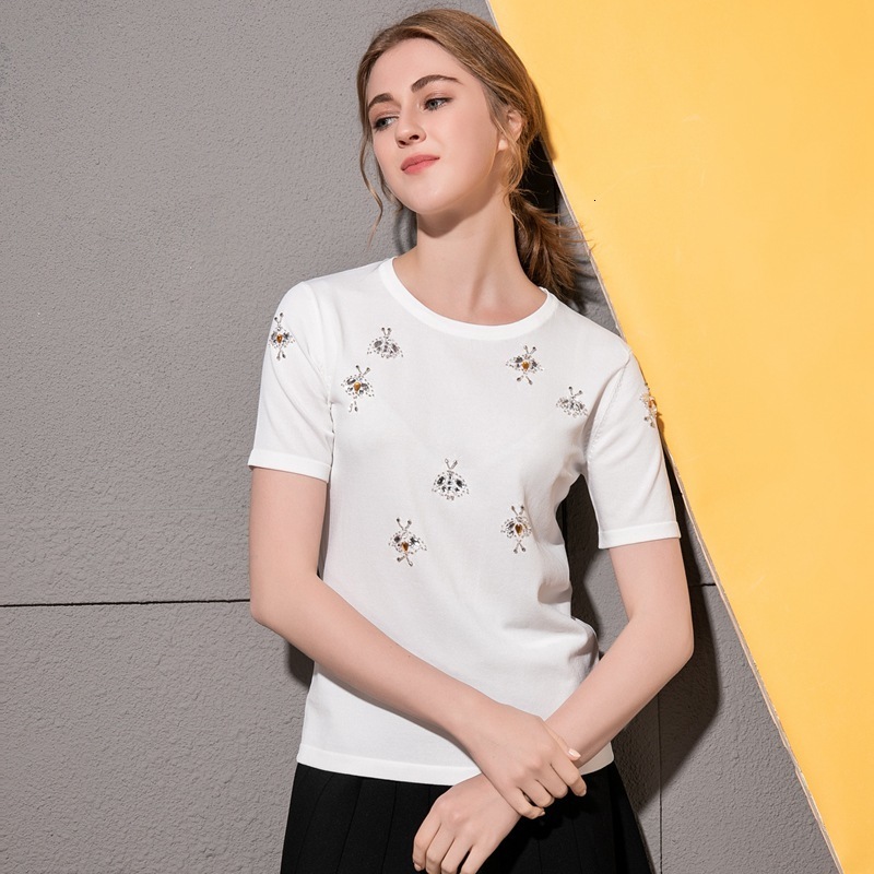 Women's T-Shirt Fashion Beading Diamonds Bee T Shirt O-Neck Short Sleeve Tops Loose Baggy Summer Clothes For Women Clothing Woman Tshirts 230414