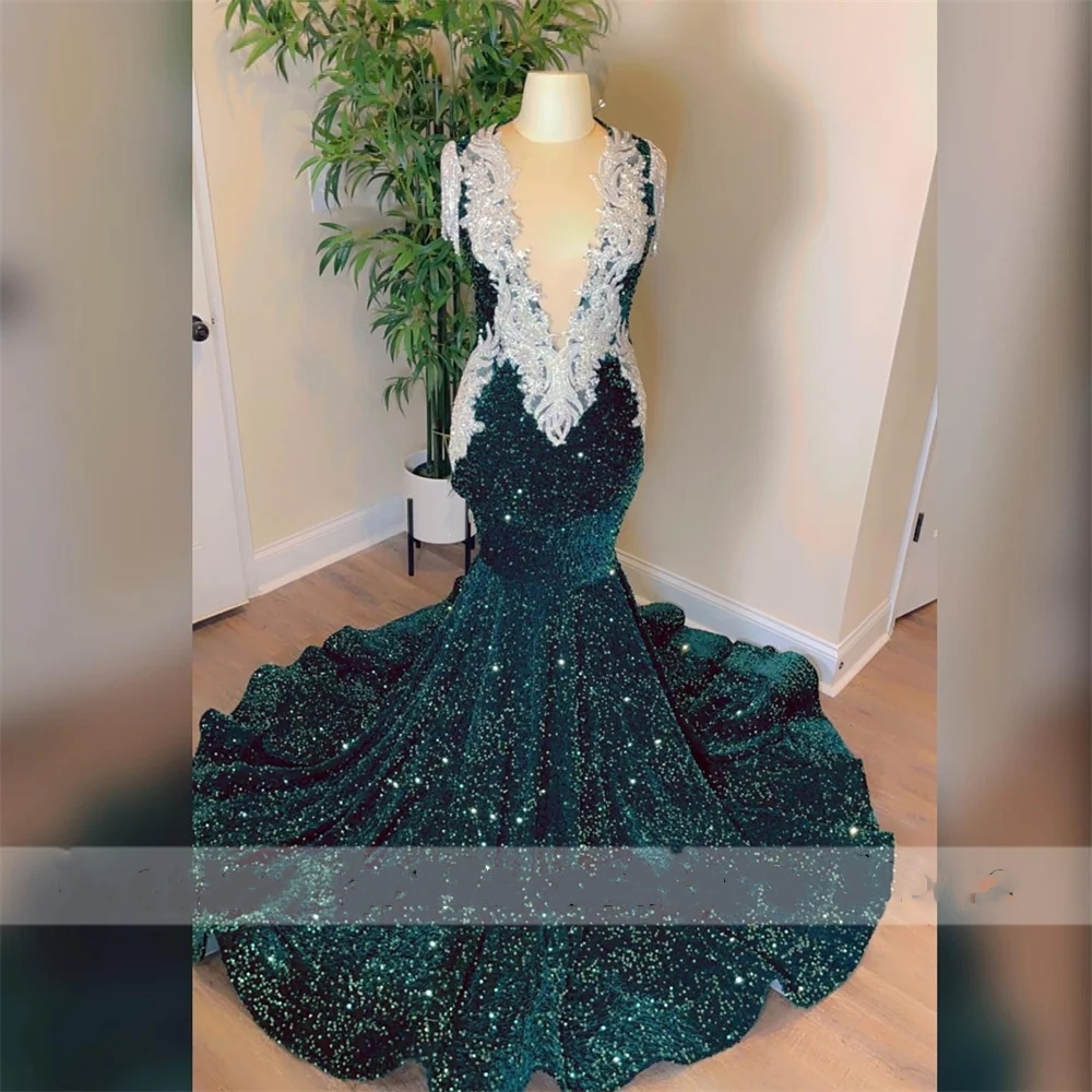 Dark Green Sequins Mermaid Prom Dresses 2024 For Black Girls Sparkly Beaded Appliques Tassels Birthday Party Gown Robes De Soiree 322