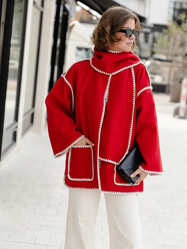 Women's Wool Blends Autumn Elegant Patchwork Coat With Scarf For Women Fashion Lapel Long Sleeve Pocket Coats Winter Lady Outwear Jacket 231114