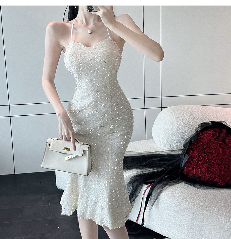 Womens party dresses halter neck sexy off shoulder tubr top strapless paillette shinny bling mermaid tunic vestidos SML