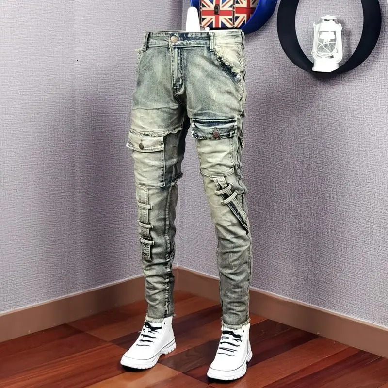 Men s Jeans Autumn Winter Broken Denim Jean Patch Slim Feet Fashion Retro Cargo Pants Vintage Pantalon Skinny Homme 231114