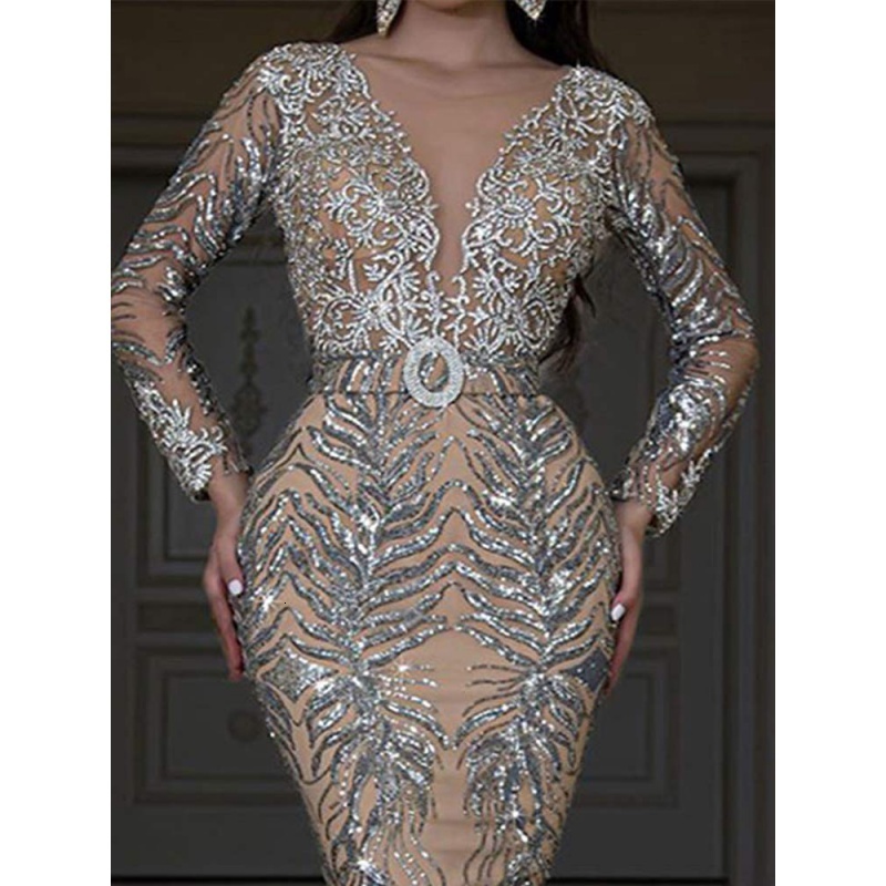 Casual Dresses Fishtail Maxi Women Evening Club Sequins Elegant Robe Ladies Deep VNeck Party Long Sleeve Bodycon dress 230414