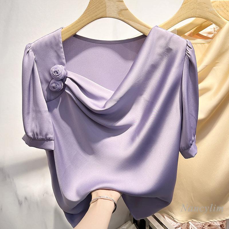 Women's Blouses 2023 Korean Style Elegant Satin Shirt Women Slimming Square Collar Pleated Three-Dimensional Flower Short Sleeve Top, Creamy-white
Women's Blouses 2023 Korean Style Elegant Satin Shirt Women Slimming Square Collar Pleated Three-Dimensional Flower Short Sleeve Top, Creamy-white