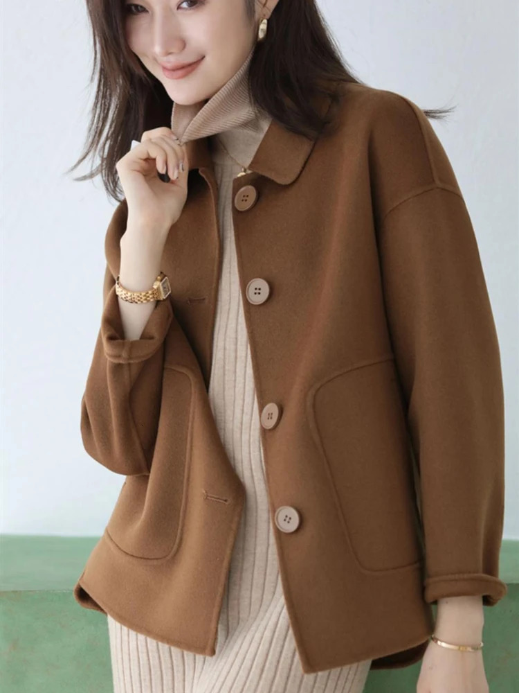 Women's Wool Blends Short Coats for Women Autumn Winter Fashion Woolen Jackets Pockets Solid Color Camel Black Polo Collar Coat Ladies High Quali