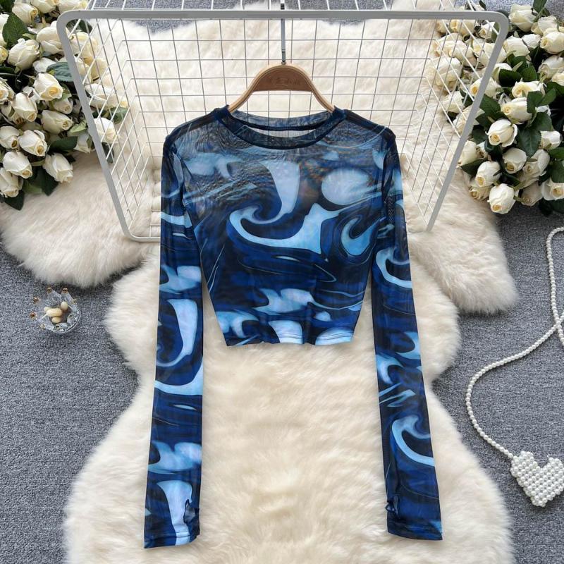 Women' Blouses Vintage Print Mesh Long Sleeve T Shirt O-neck Casual Slim Sexy Tshirt Chic Thin Tees Women Harajuku Streetwear Fashion Crop, Blue
Women' Blouses Vintage Print Mesh Long Sleeve T Shirt O-neck Casual Slim Sexy Tshirt Chic Thin Tees Women Harajuku Streetwear Fashion Crop, Blue
