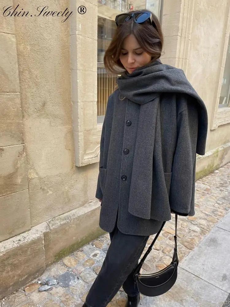 Women's Wool Blends Casual Autumn Jacket Women Scarf Collar Single Breasted Long Sleeve Elegant Lady Coats Winter Fashion Pocket Wool Coat Tops 2