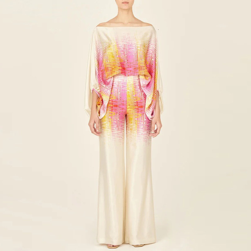 Women's Two Piece Pants Casual Satin Commuting Suit Fashion Hollow Off Shoulder Tops With Long Women 2 Sets Spring Loose Print Outfits 230414