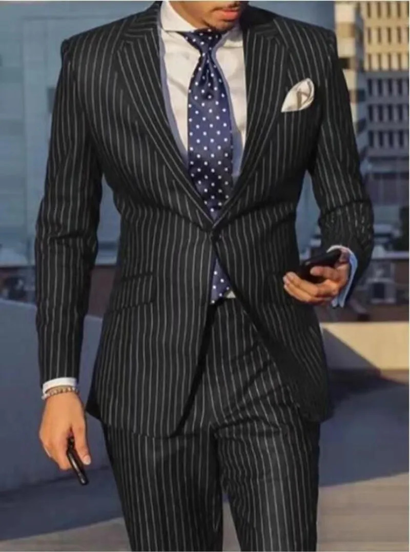Men s Suits Blazers Blue Black Striped 2 Piece Men Wedding Party Business Tuxedos Fashion Groom Formal Wear Slim Fit Jacket Pant Costume Homme 231114