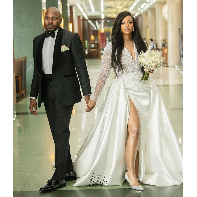 African Illusion Pearls Crystal Bridal Satin Church Long Sleeve Country Wedding Dresses Side Reception Gowns Robe De 6660312